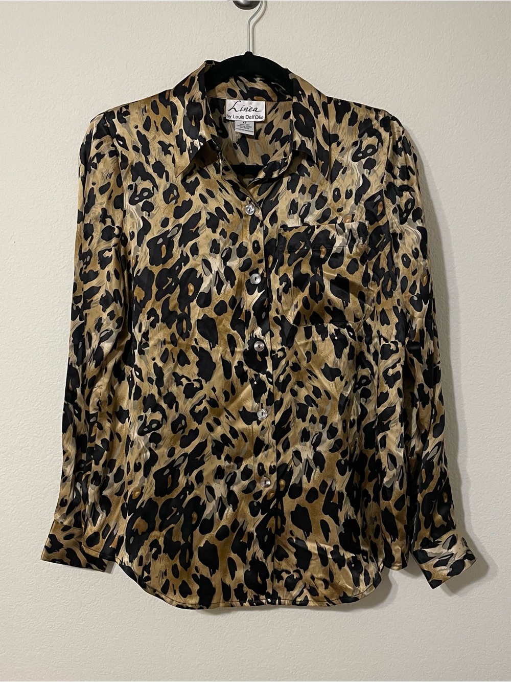 Linea Louis Dell’Olio 100% Silk Leopard Blouse XS Animal Print Vintage Y2K